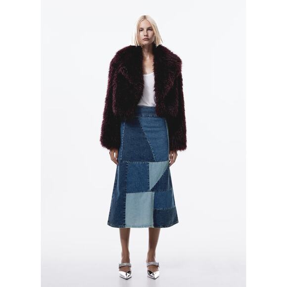 MANGO Patchwork Denim Midi Skirt NWT | Blue Cotton A-Line - Picture 14 of 16